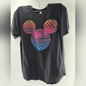 Disney Mickey Mouse T-Shirt Palm Trees Sunset‎ Checkered Graphic Black Adult